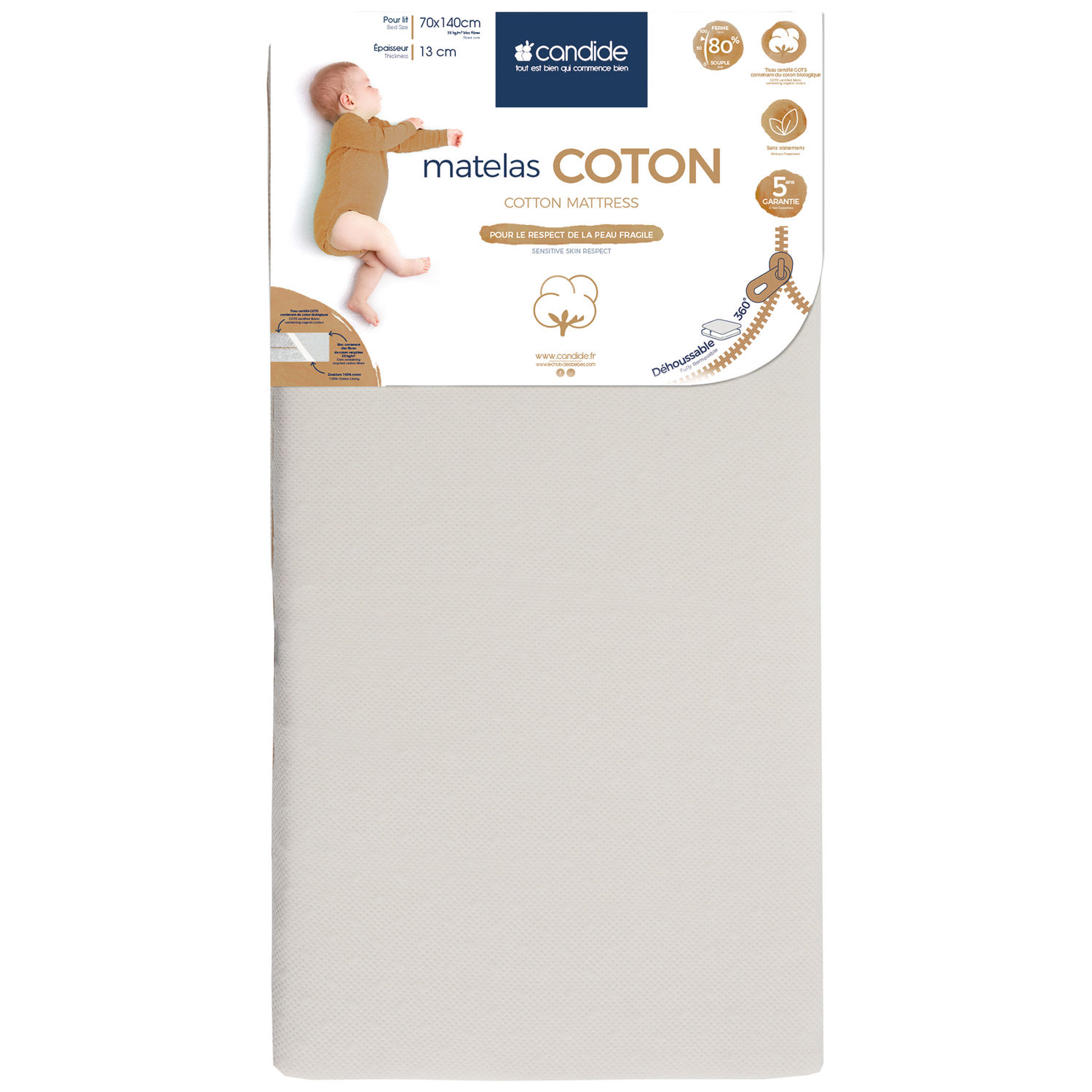 Matelas bébé coton bio déhoussable 360° (70x140 cm)