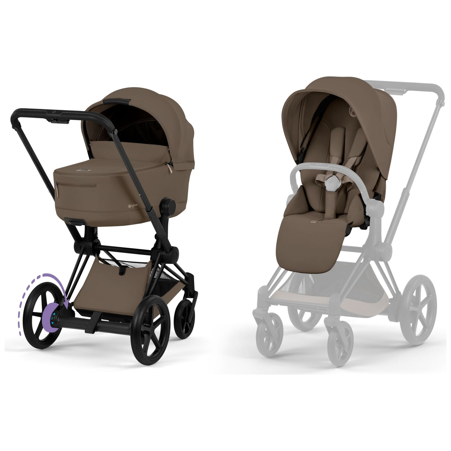 Duo e-PRIAM 2026 Poussette électrique tout-terrain avec nacelle pliable Matt Black Coconut Brown
