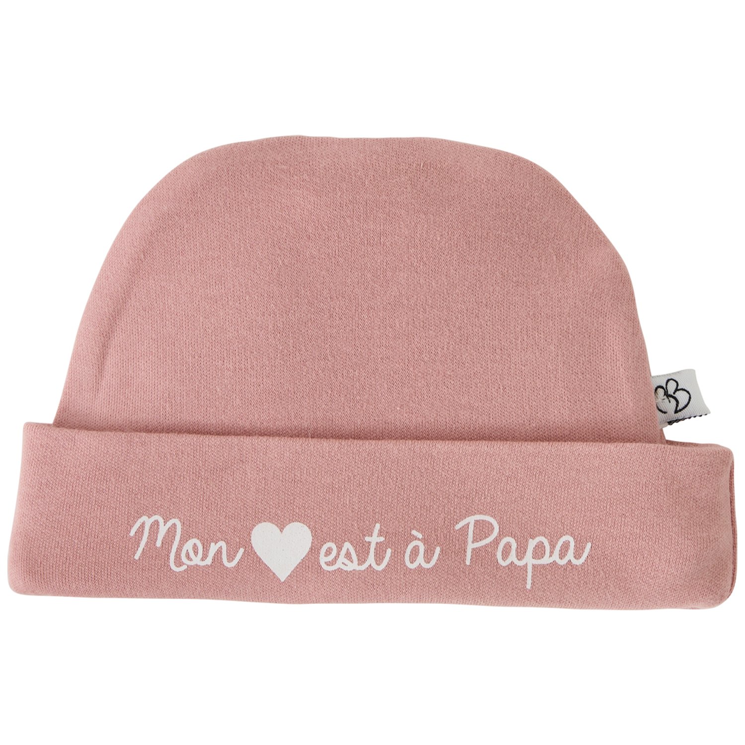 Bb&Co - Bonnet de naissance doublé pur coton Mon cœur est à Papa rose thé