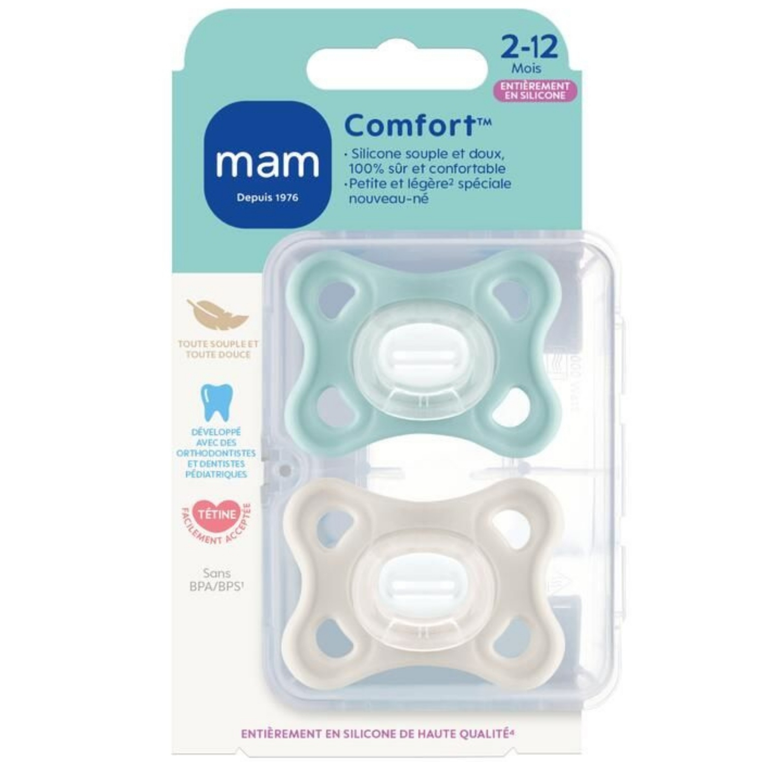 Mam - Lot de 2 sucettes Comfort Bleu en silicone (2-12 mois)