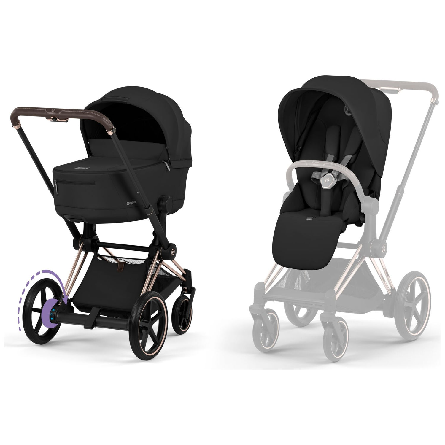 Duo e-PRIAM 2026 Poussette électrique tout-terrain avec nacelle pliable Rose Gold Sepia Black