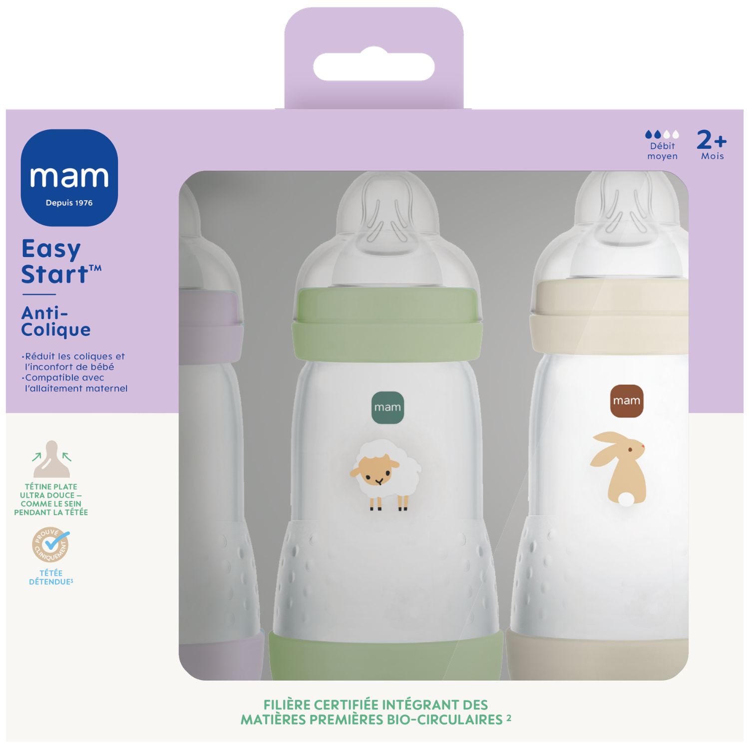 Mam - Lot de 3 biberons Easy Start anti-colique Lilas+Sable+Nature Tétine Débit 2 (260ml)