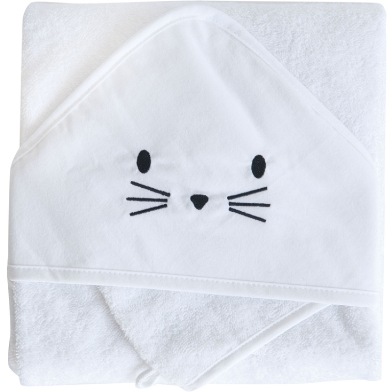 Domiva - Cape de bain + gant chat blanc (75 x 75 cm)