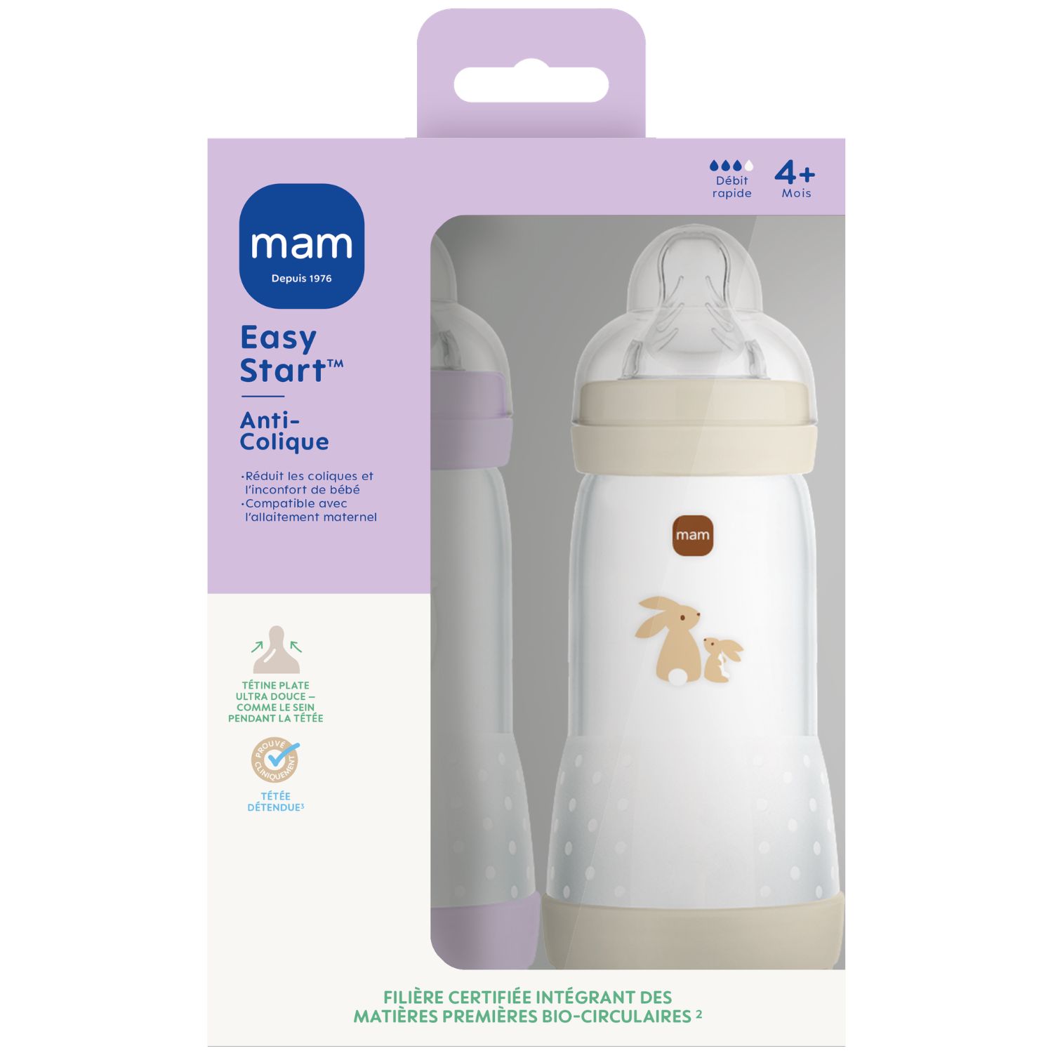 Mam - Lot de 2 biberons Easy Start anti-colique Lilas+Sable Tétine Débit 3 (320 ml)