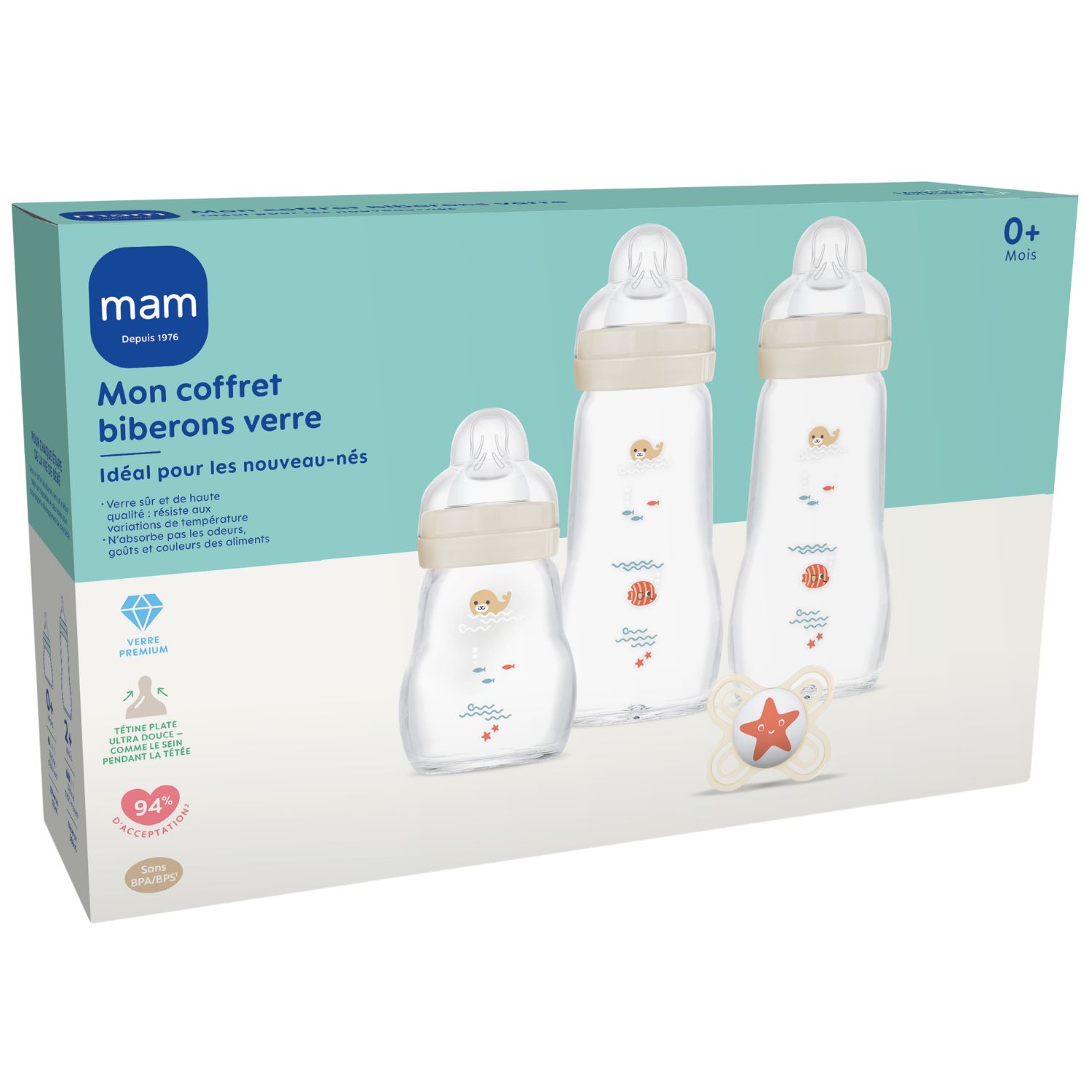 Coffret biberons verre Nature Lin (3 biberons + 1 sucette) (MAM) - Image 1