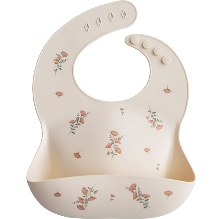 Bavoir à poche en silicone Pink Flowers (Mushie) - Image 1