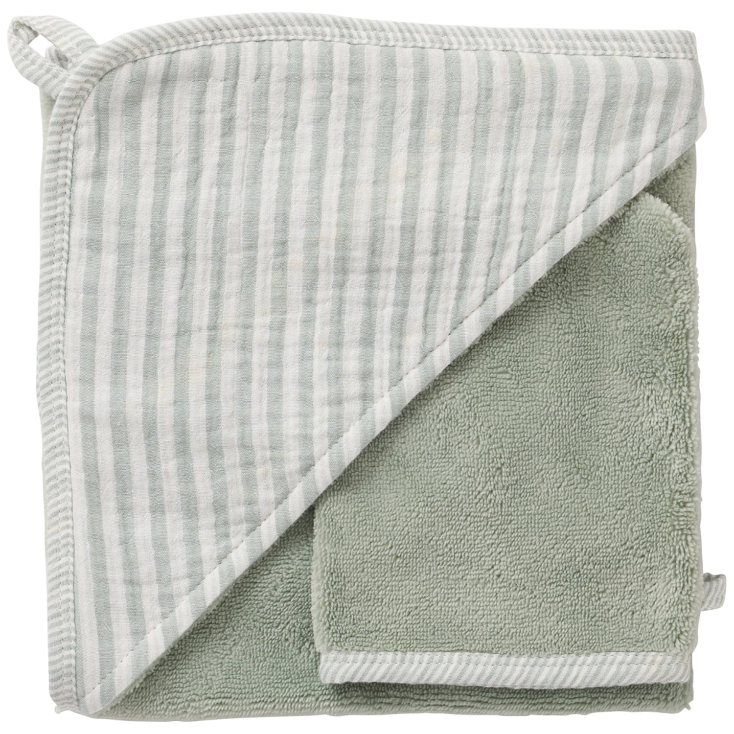 Bb&Co - Cape de bain + gant éponge bambou et gaze rayé vert de gris