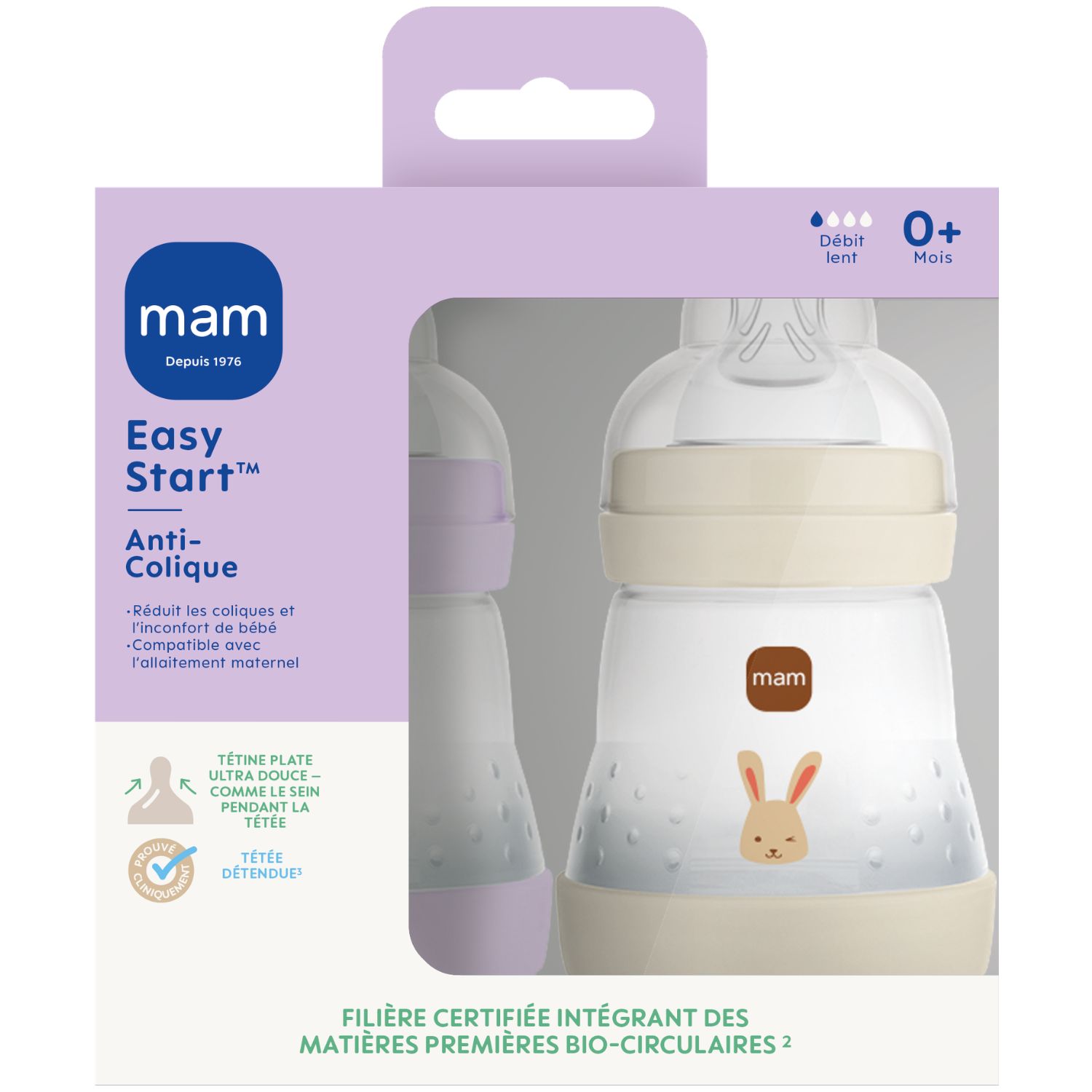 Mam - Lot de 2 biberons Easy Start anti-colique Lilas+Sable Tétine Débit 1 (160 ml)