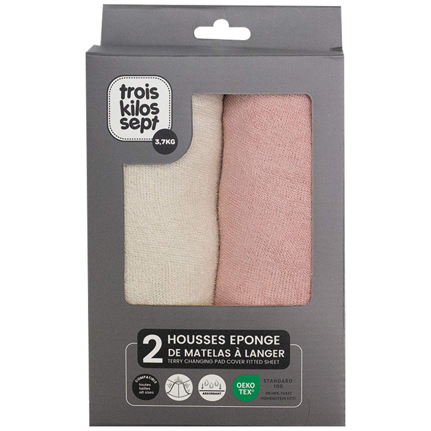 Trois Kilos Sept - Lot de 2 housses de matelas à langer Ecru-Rose poudre (70 x 50 cm)