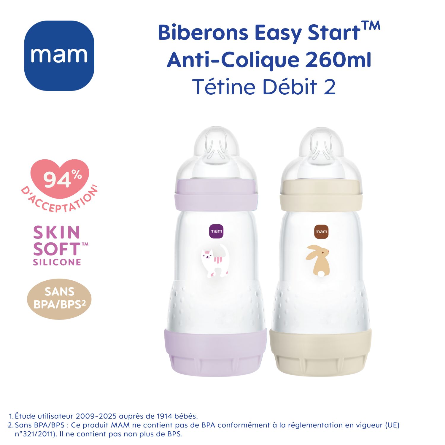2 biberons Easy Start anti-colique 260ml Lilas+Sable Tétine débit 2 (Mam) - Image 7