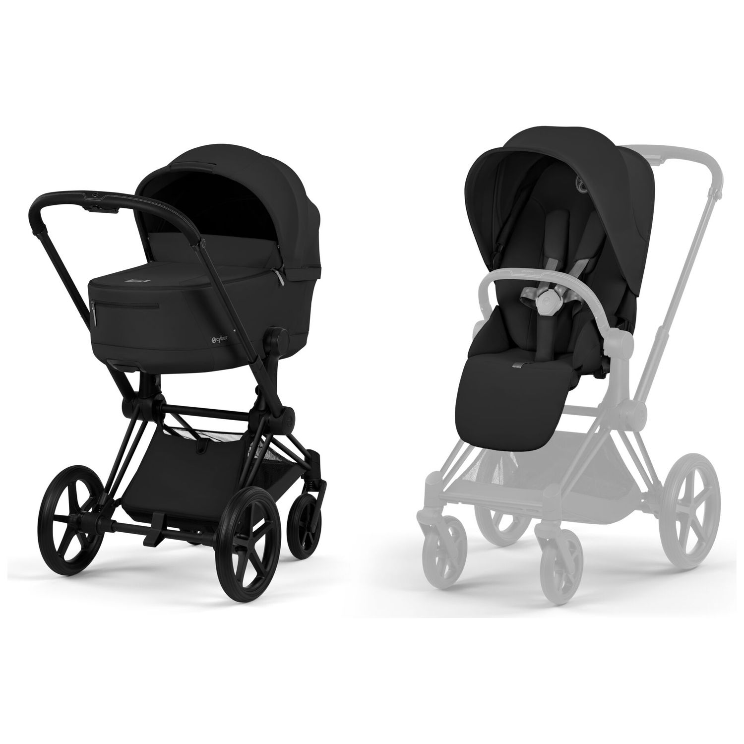 Duo PRIAM 2026 Poussette tout-terrain avec nacelle pliable et Châssis Matt Black Sepia Black