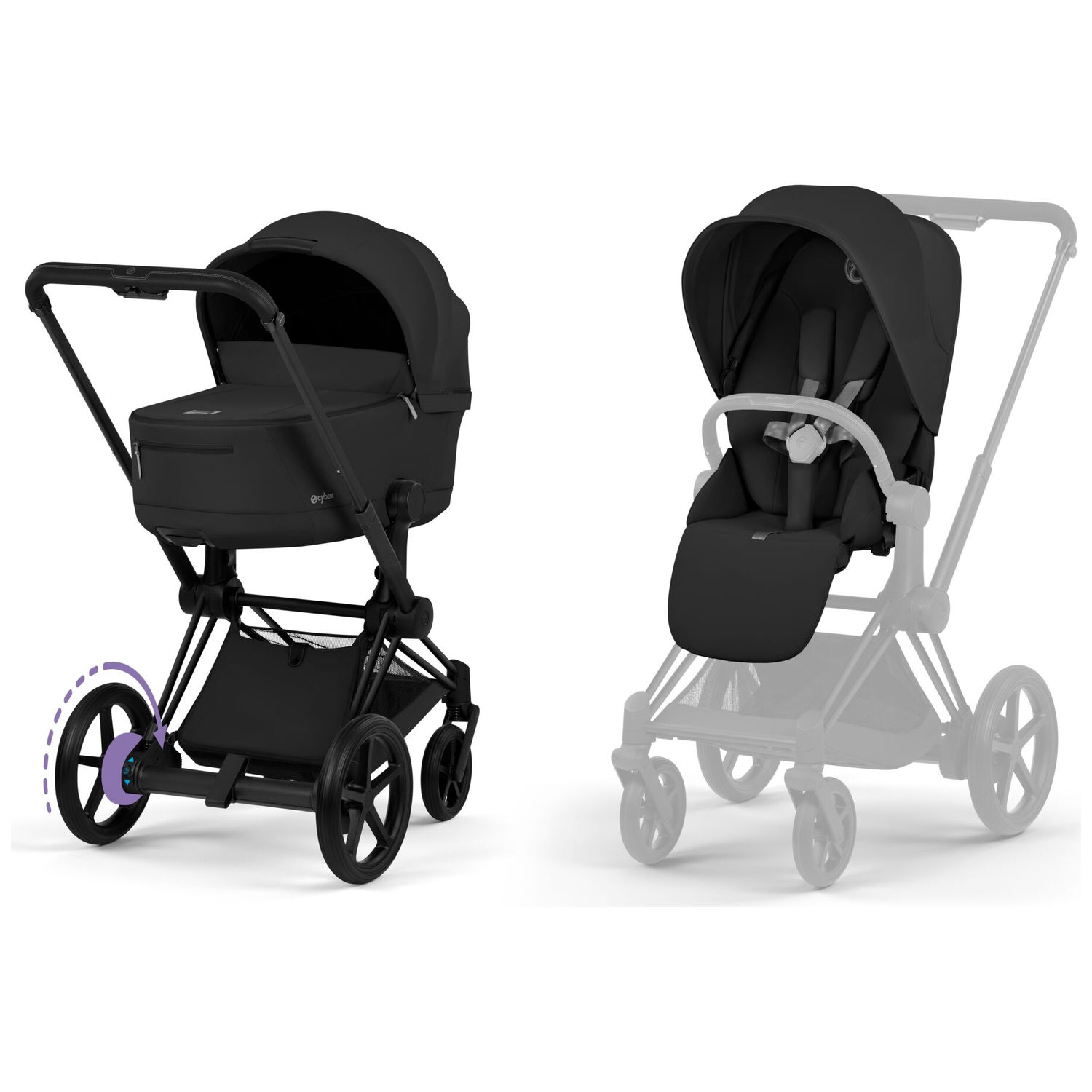 Duo e-PRIAM 2026 Poussette électrique tout-terrain avec nacelle pliable Matt Black Sepia Black