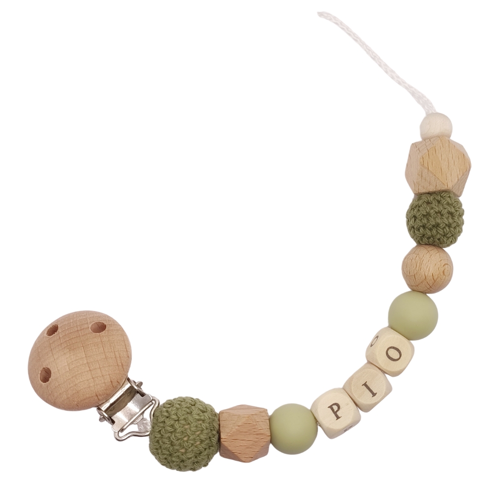 Tata Lucette - Attache sucette en bois olive et kaki (personnalisable)