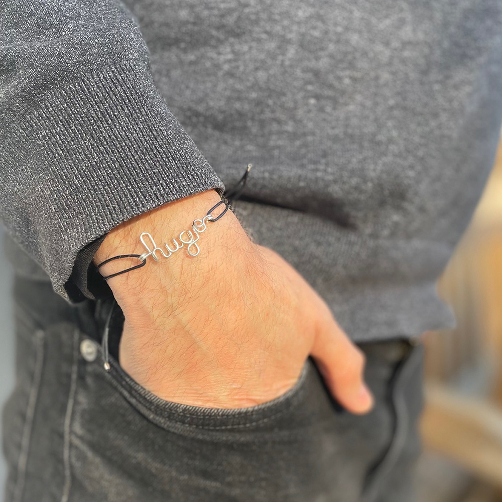 Bracelet cordon coton ciré Prénom argent (personnalisable) (Padam Padam) - Image 1