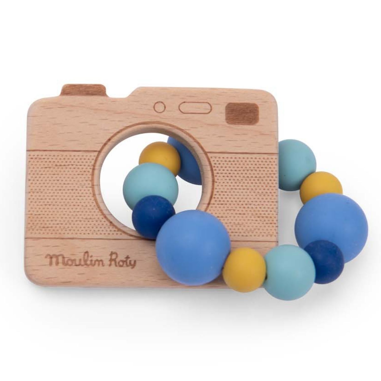 Moulin Roty - Hochet anneau de dentition bois et silicone appareil photo Puce et Pilou