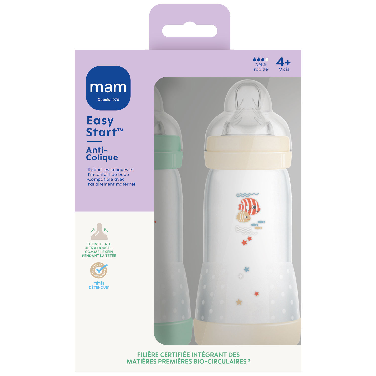 Lot de 2 biberons Easy Start anti-colique Menthe Tétine débit 3 (320ml) (Mam) - Image 1