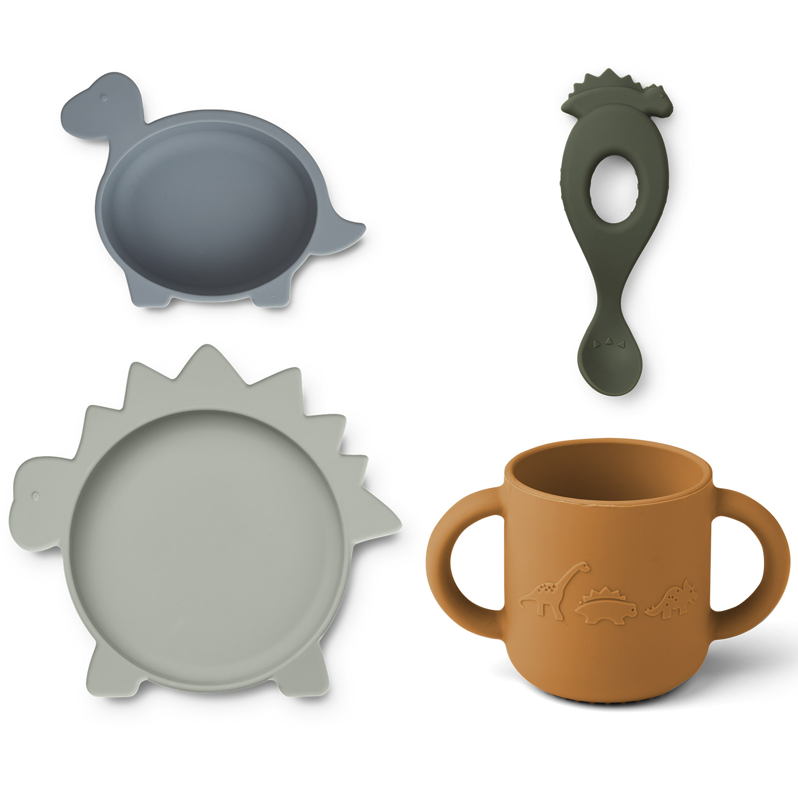 Liewood - Coffret repas en silicone Vivi Dino bleu, vert et moutarde (4 pièces)