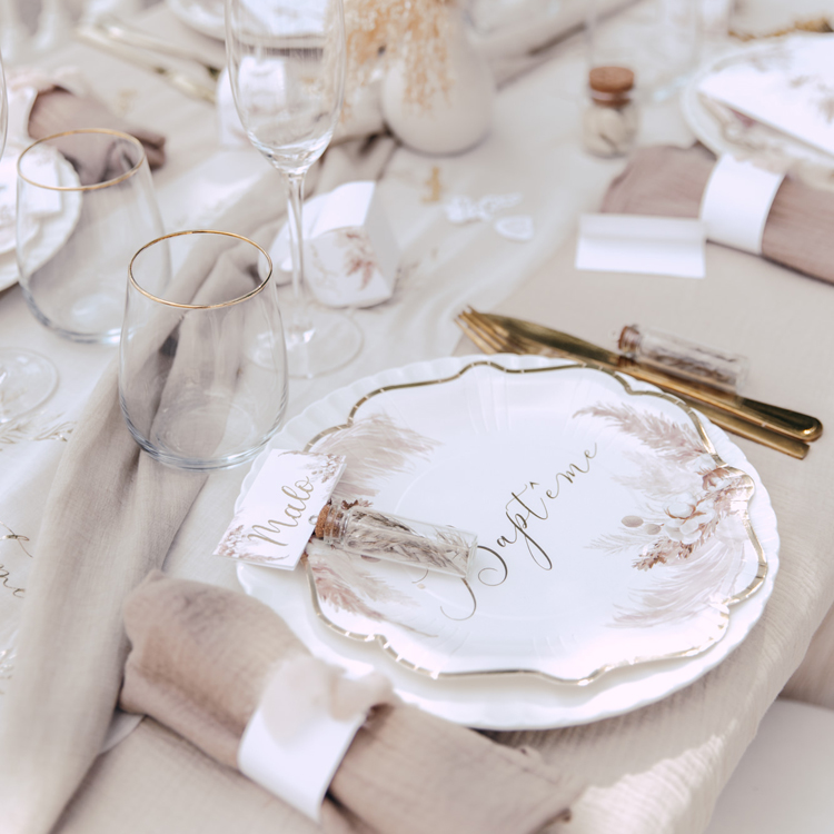 Lot de 8 assiettes en carton Baptême Pampas, Fleurs de coton et or (Arty Fêtes Factory) - Image 2