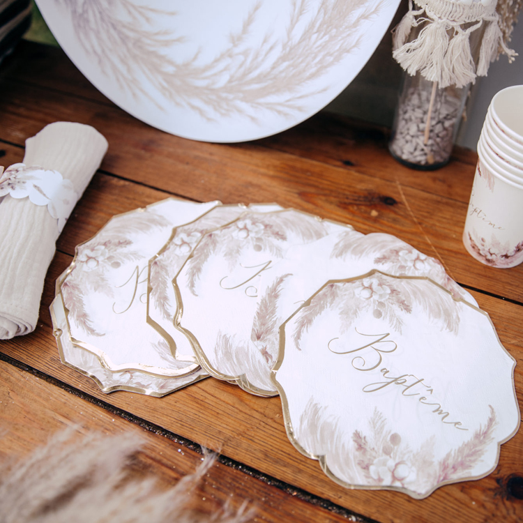 Lot de 8 assiettes en carton Baptême Pampas, Fleurs de coton et or (Arty Fêtes Factory) - Image 3