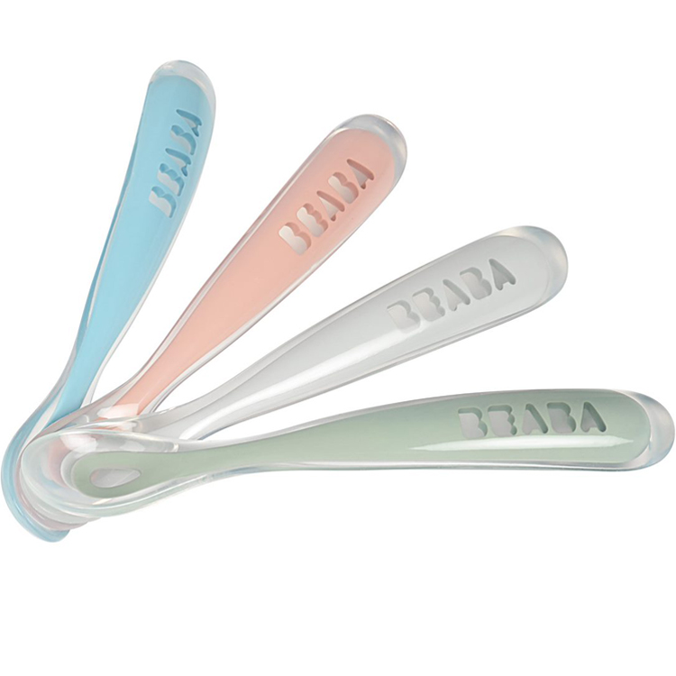 Béaba - Lot de 4 cuillères en silicone 1er âge bleu, rose et gris