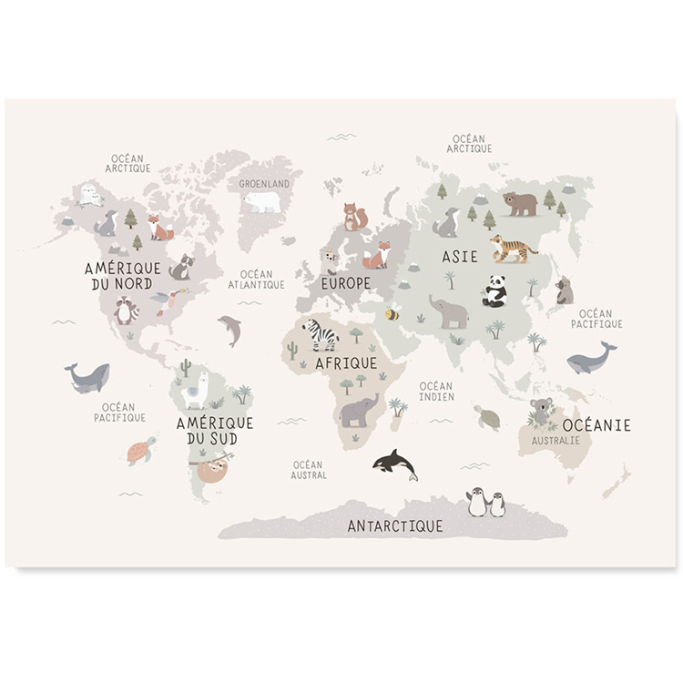 Affiche carte du monde animaux (42 x 29,7 cm) (Zü) - Image 1