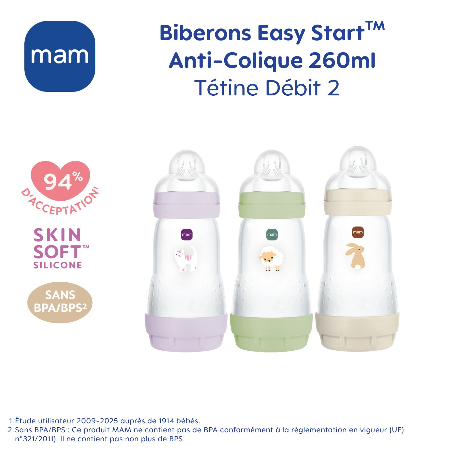 3 biberons Easy Start 260ml Lilas+Lilas+Sable Tétine débit 2 (Mam) - Image 9