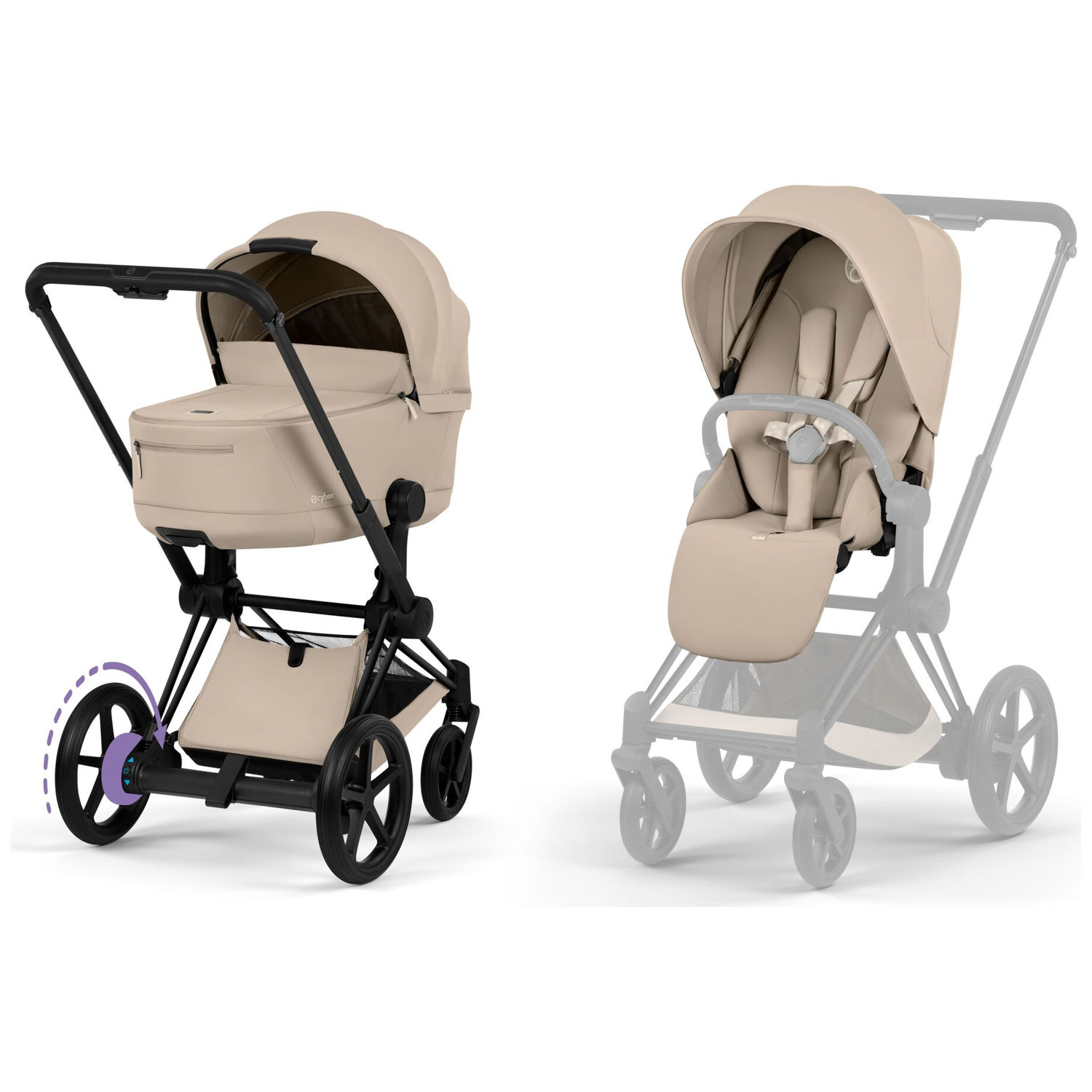 Duo e-PRIAM 2026 Poussette électrique tout-terrain avec nacelle pliable Matt Black Cozy Beige