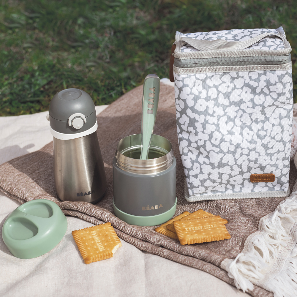 Thermos alimentaire en Inox minéral gris et vert sauge (300 ml) (Béaba) - Image 1