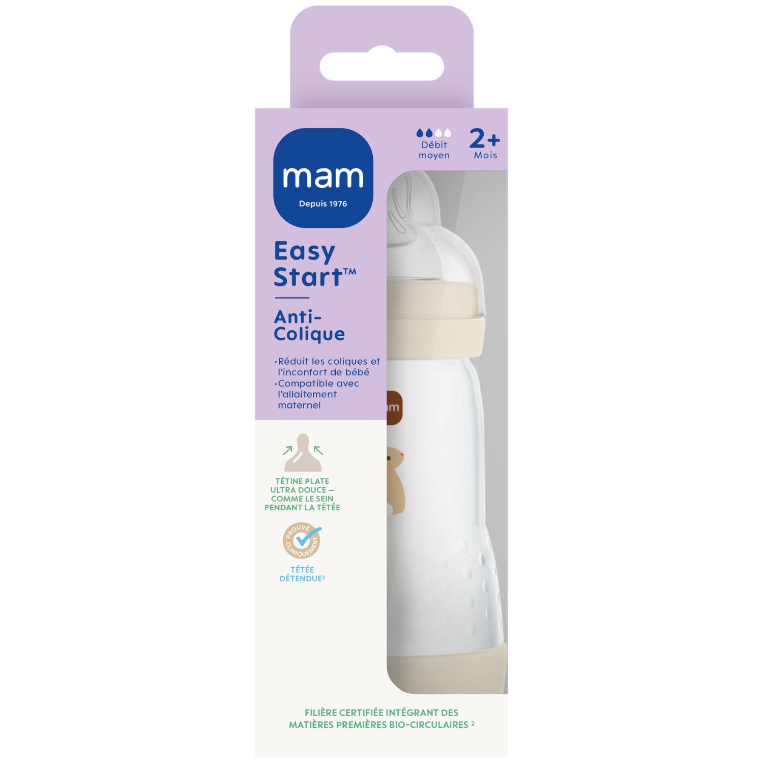 Mam - Biberon Easy Start anti-colique Sable Tétine Débit 2 (260 ml)