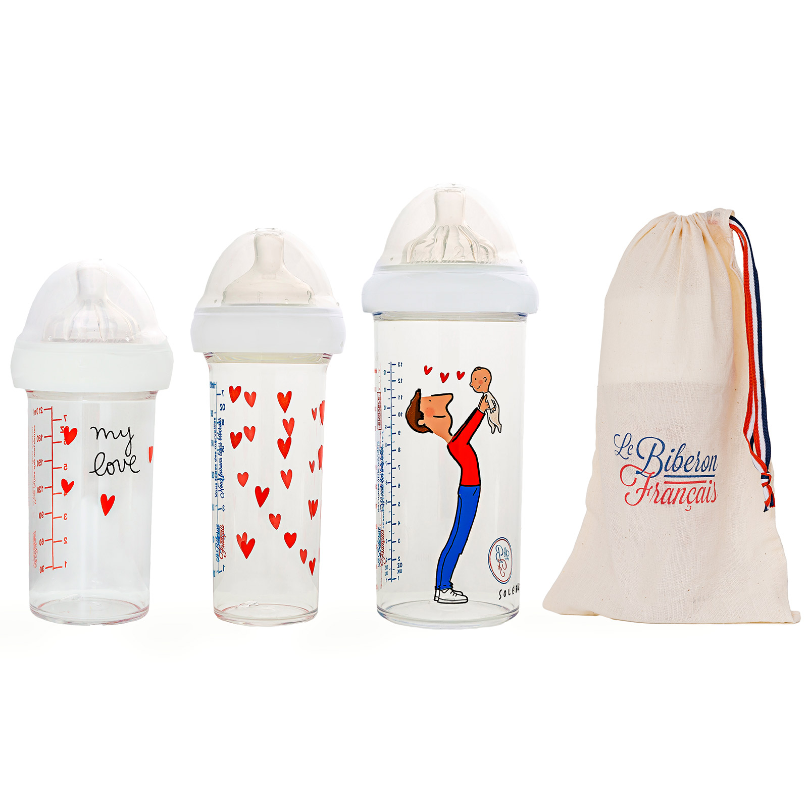 Lot de 3 biberons anti colique gigognes Papa-bébé by Soledad (360 ml et 210 ml) (Le Biberon Français) - Image 1