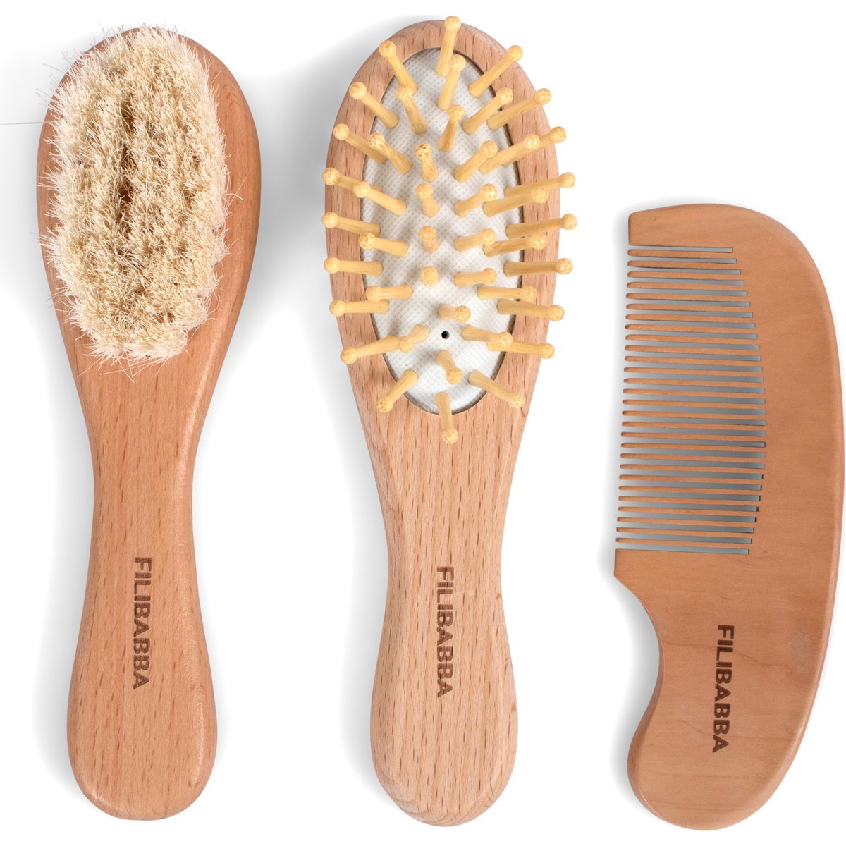 Filibabba - Set brosse et peigne bébé en bois avec pochette coton