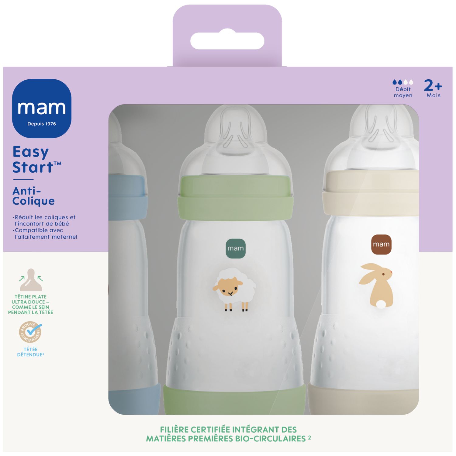 Mam - Lot de 3 biberons Easy Start anti-colique Océan+Sable+Nature Tétine Débit 2 (260ml)