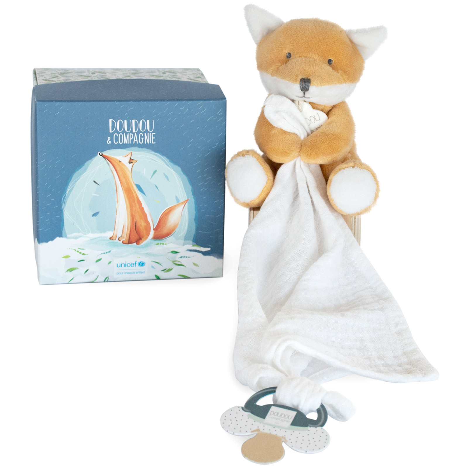 Doudou et Compagnie - Coffret doudou attache sucette Renard UNICEF
