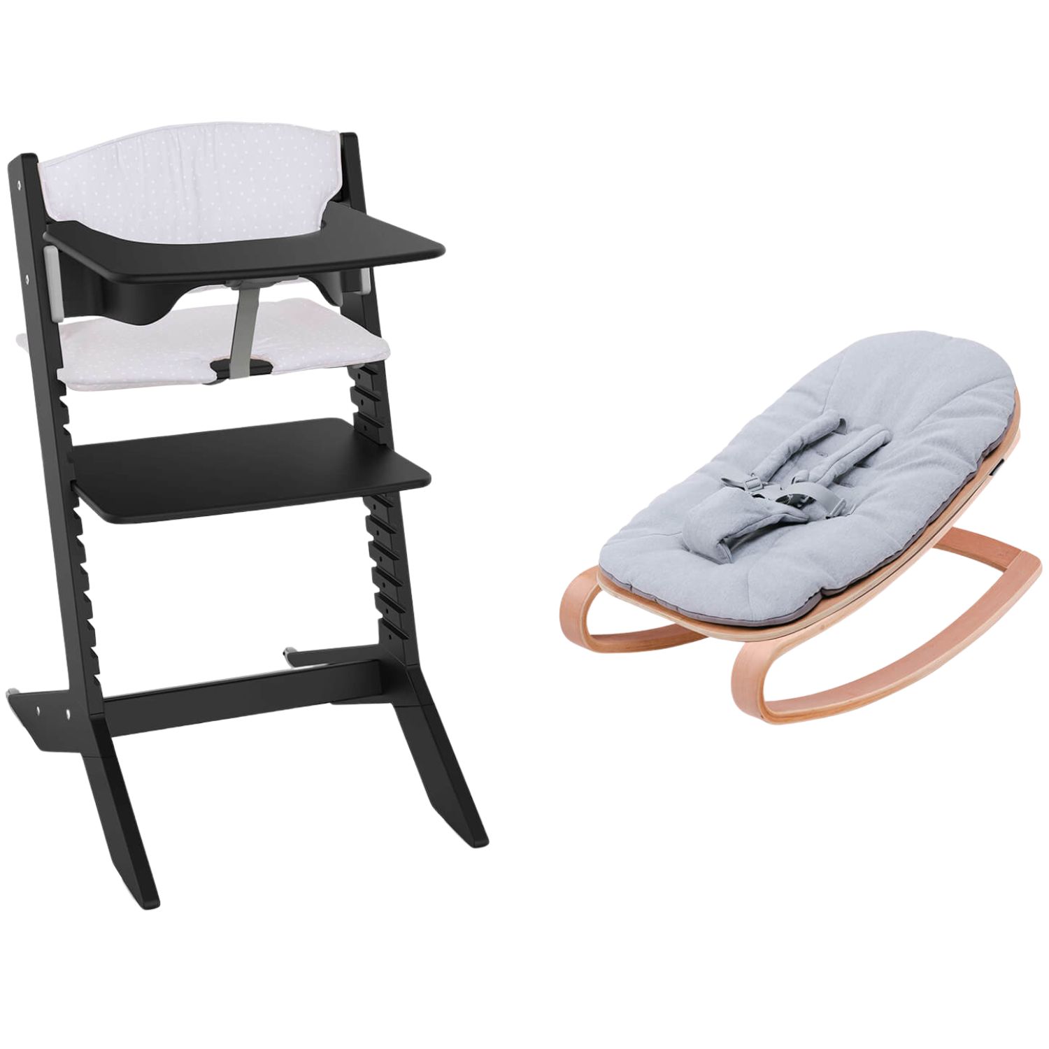 Chaise haute évolutive Nala Noir avec set nouveau-né, tablette et coussin