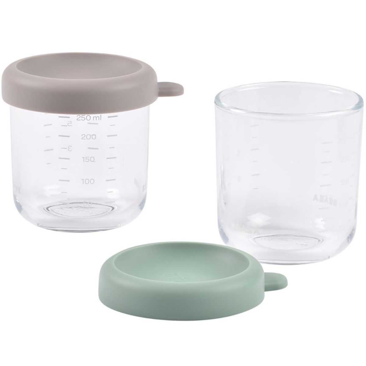 Lot de 2 pots de conservation en verre 250 ml gris et vert d'eau (Béaba) - Couverture