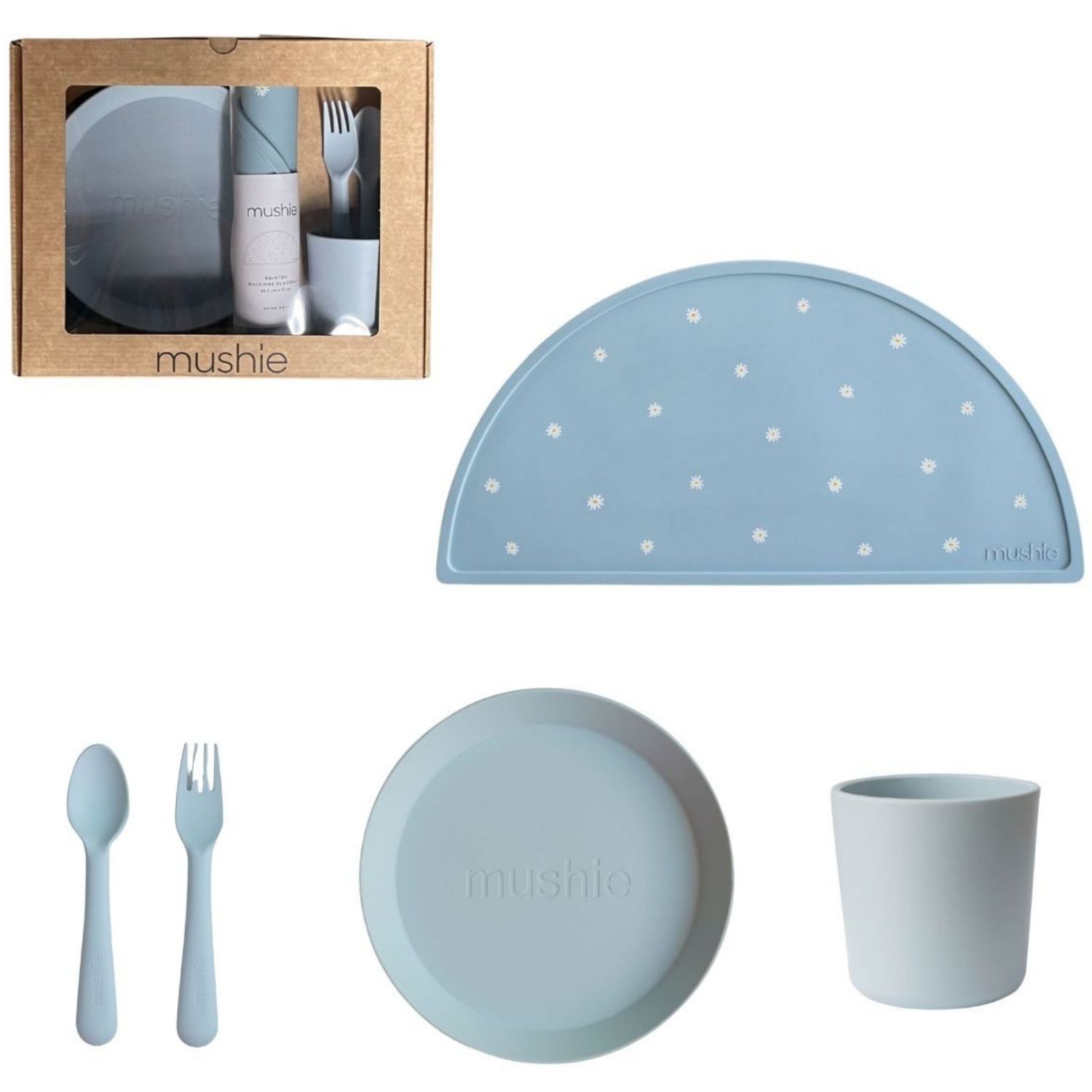 Mushie - Coffret repas Round Powder Blue (4 pièces)