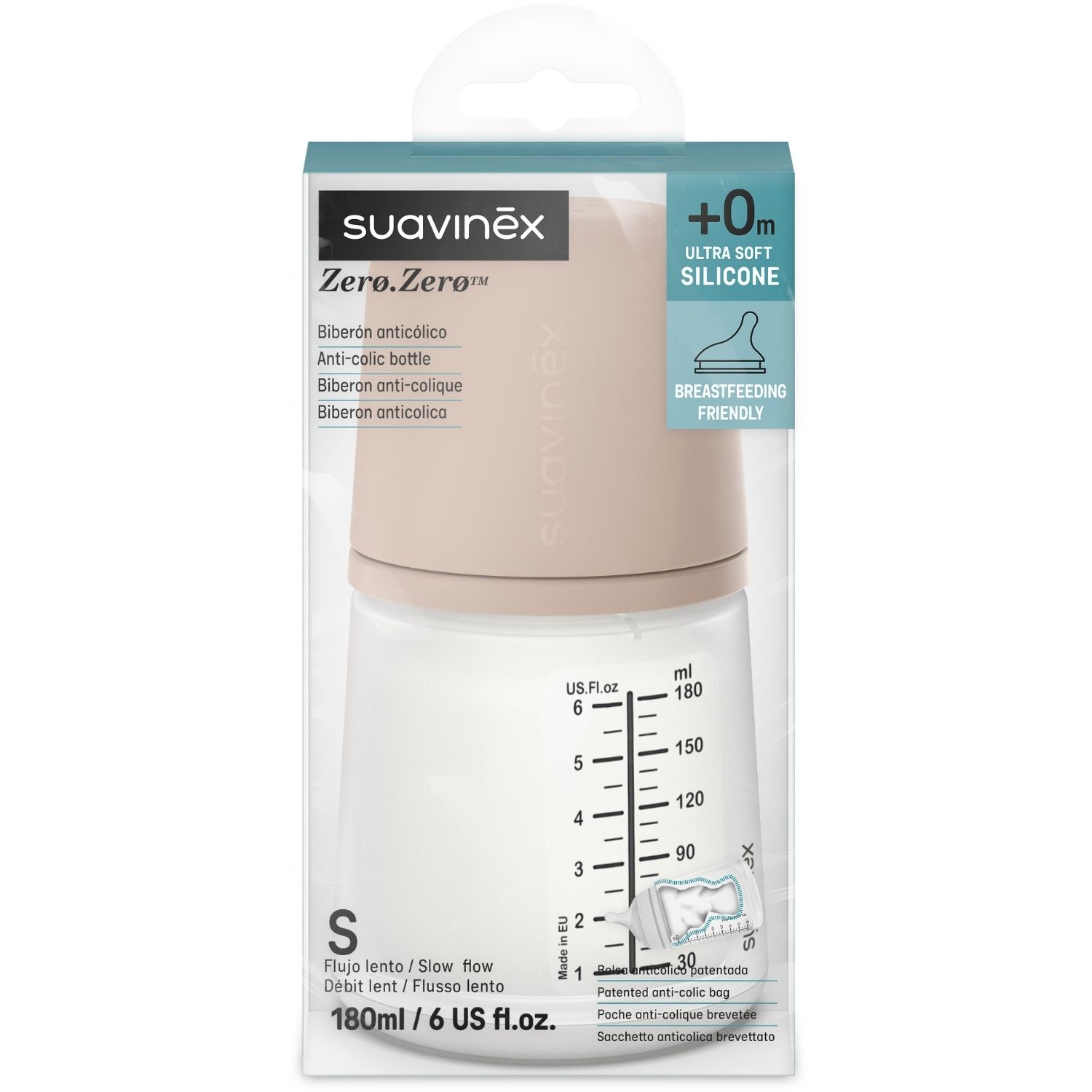 Biberon anti-colique Zerø.Zerø - Débit Lent - S Medium (180 ml) (Suavinex) - Image 6